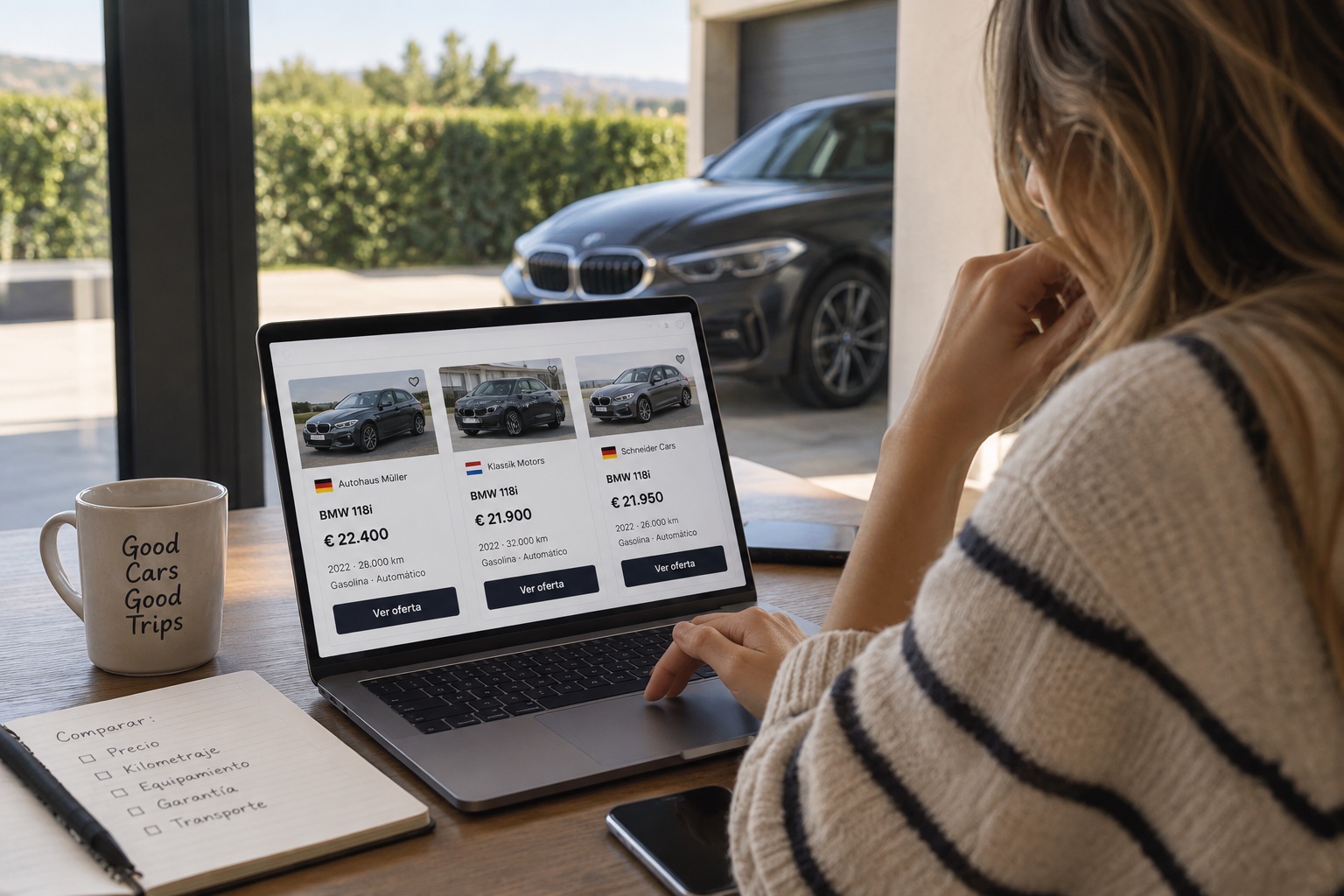 Comprador comparando varias propuestas del mismo modelo en el ordenador